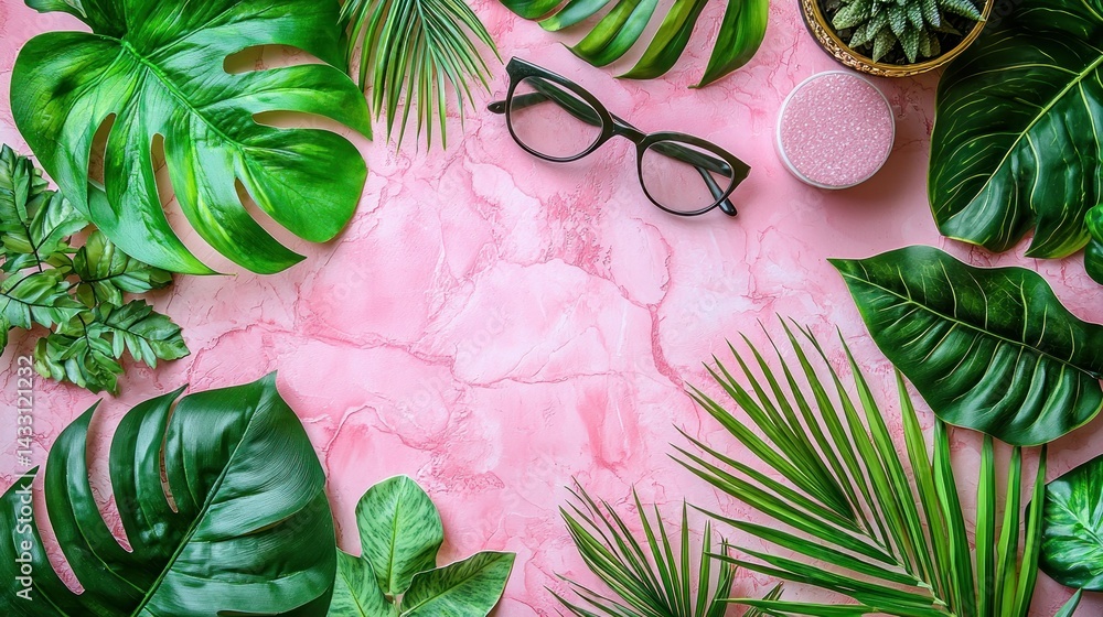 Pink Marble Background with Lush Tropical Leaves and Accessories Pink Marble Background with Lush Tropical Leaves and Accessories