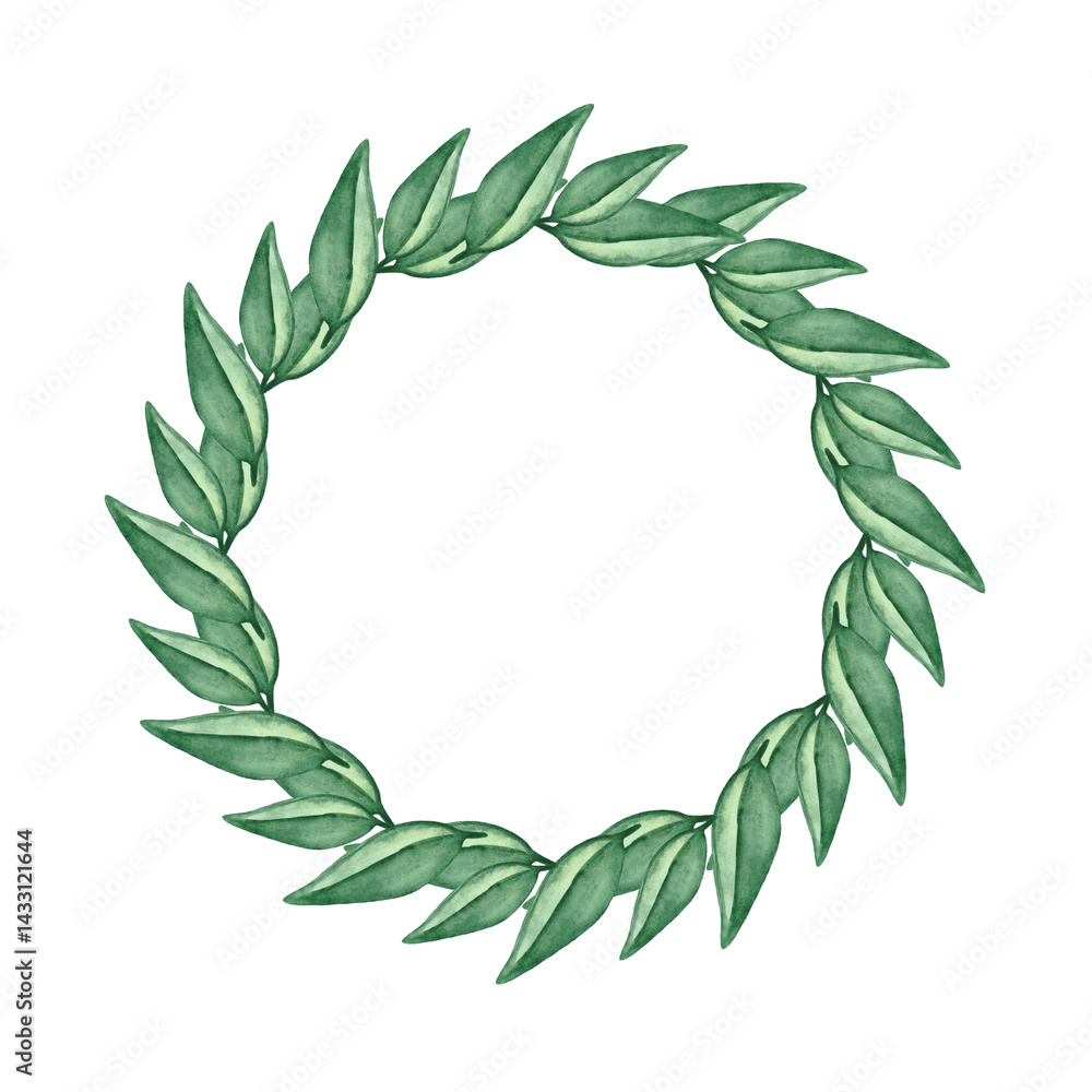 Round frame of green watercolor leaves. Watercolor decorative element.