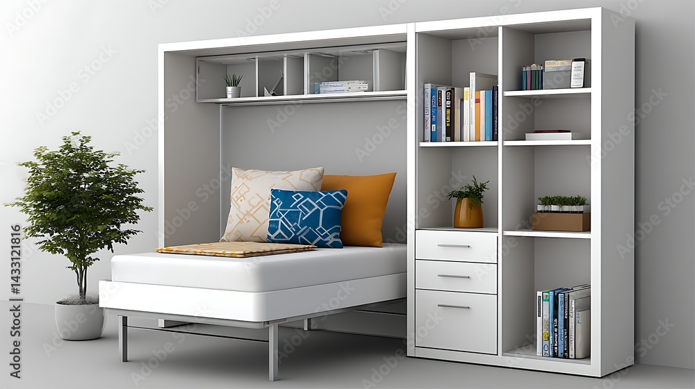 Fototapeta premium Modern White Wall Bed with Integrated Bookshelves and Drawers Space Saving Furniture