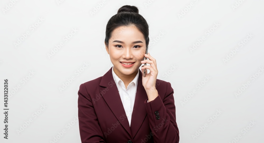 Confident Asian Businesswoman in Maroon Blazer Answering a Phone Call Confident Asian Businesswoman in Maroon Blazer Answering a Phone Call