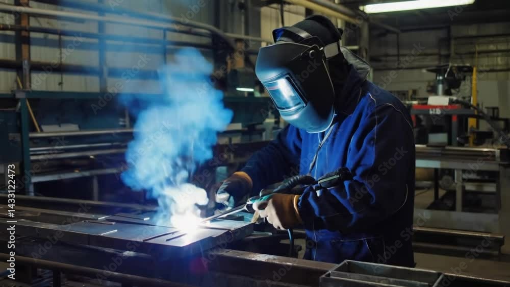 A welder working in factory welding steel with sparks flying and safety gear on A welder working in factory welding steel with sparks flying and safety gear on