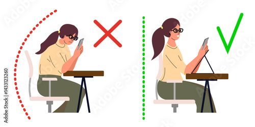 Correct good position vs bad incorrect posture for holding PHONE. Deterioration of vision. Right and wrong back, neck and legs poses of girl at desk. Vector illustration.