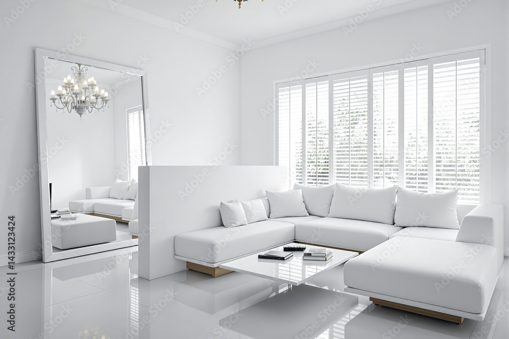 Fototapeta premium modern minimalist white sectional sofa in bright living room