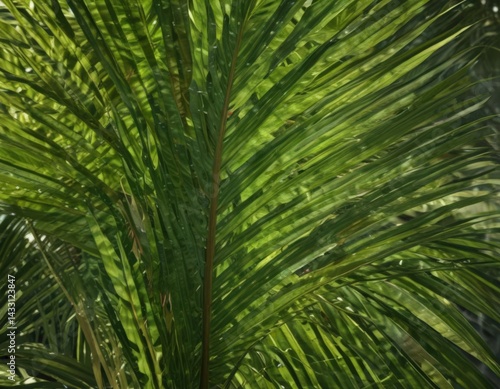 Sunlit close-up revealing intricate venation of a lush green palm leaf ,  pattern,  botanical,  tropical