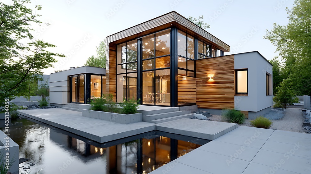 Fototapeta premium Modern Contemporary House Design with Glass Walls Wood Siding and Water Feature