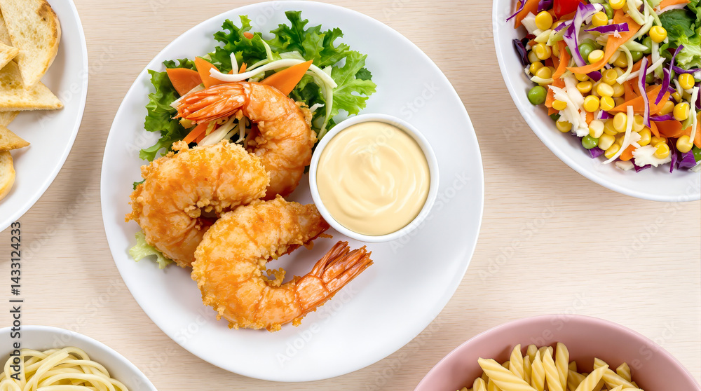 two breaded shrimp with creamy sauce and salad two breaded shrimp with creamy sauce and salad