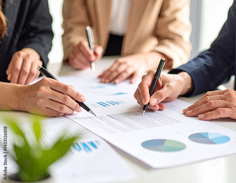 A group of professionals collaborating on documents with charts, focusing on teamwork and decision-making in a modern office setting. A group of professionals collaborating on documents with charts, focusing on teamwork and decision-making in a modern office setting.