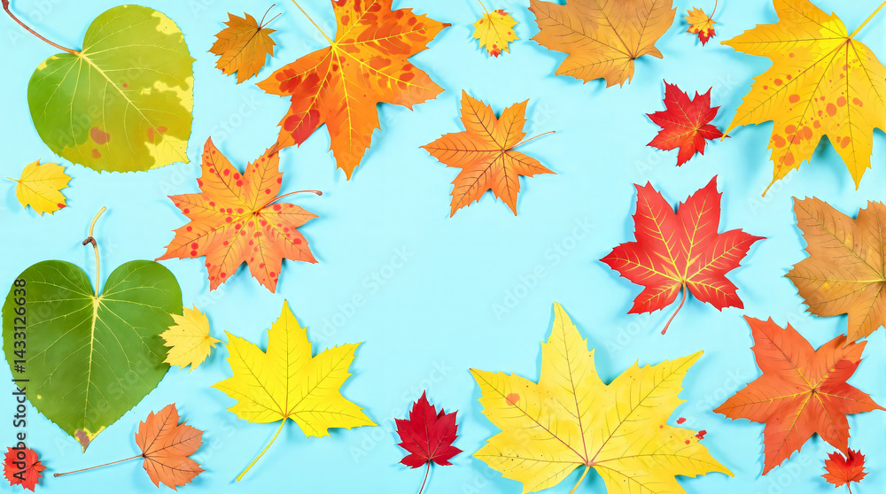 Obraz premium autumn leaves in yellow orange and red colors on a light blue background