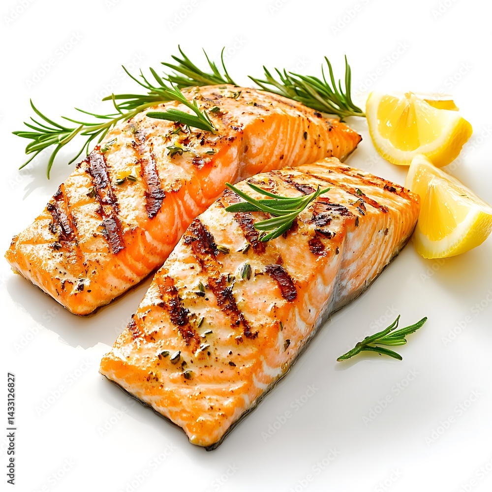 Grilled Salmon Fillets With Rosemary And Lemon On White Background Food Photography Close Up Delicious Healthy Diet Protein Source Restaurant Menu Grilled Salmon Fillets With Rosemary And Lemon On White Background Food Photography Close Up Delicious Healthy Diet Protein Source Restaurant Menu