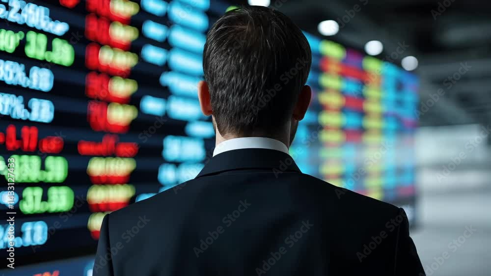 Business Professional Analyzing Stock Market Data on Display Board Business Professional Analyzing Stock Market Data on Display Board