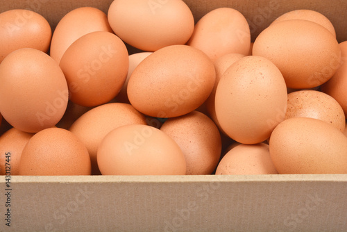 A close-up, top-down shot shows brown chicken eggs filling a cardboard container