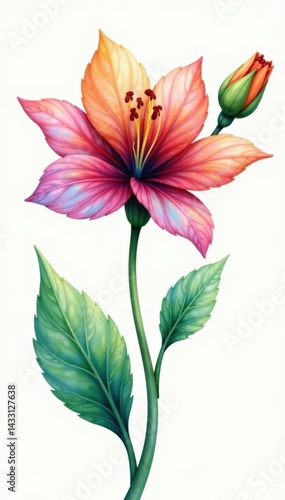 Watercolor illustration of a colorful flower with intricate leaf details in muted green and blue tones, garden, watercolor, botanical art