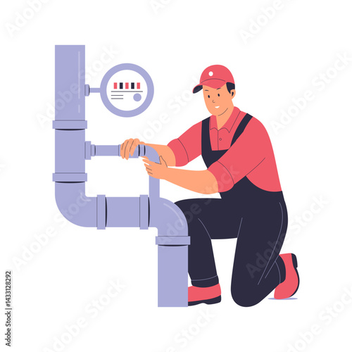 Illustration of a Plumber Fixing Pipes with a Pressure Gauge. Illustration for website, landing page, mobile app, poster and banner. Trendy flat vector illustration