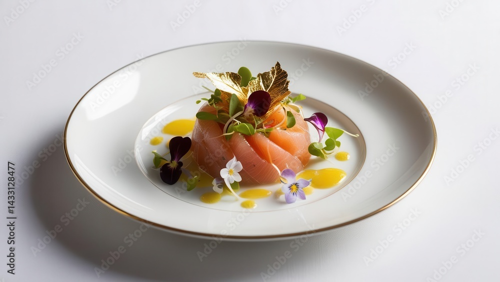 Close-up of elegant salmon dish presentation in fine dining culinary art environment Close-up of elegant salmon dish presentation in fine dining culinary art environment
