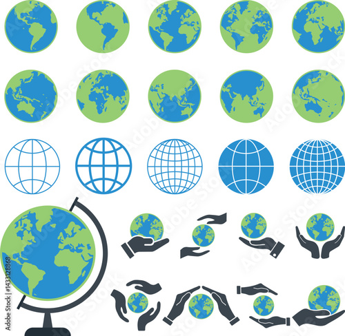Blue Green globe earth vector shaped bundle. World map art and illustration of different presentation on white background. Earth icon bundle for web and print related use.