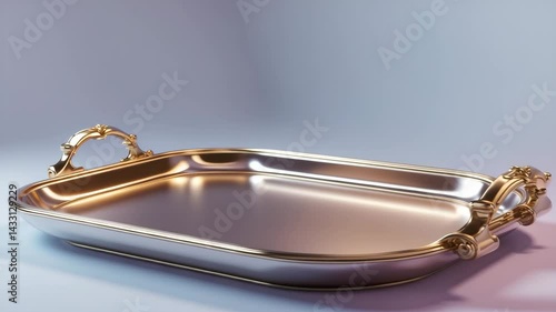 Empty food serving tray on light gray background with modern salver and takeaway breakfast tableware.