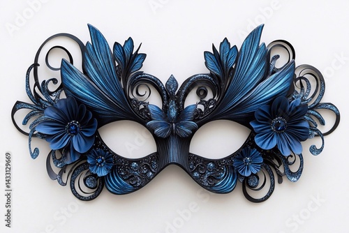 A black and blue masquerade mask with the words on it, an invitation card, with a quinceanera theme.
