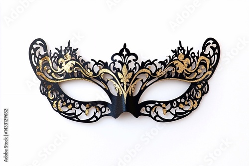 A black and gold masquerade mask-shaped invitation with the words ball dance