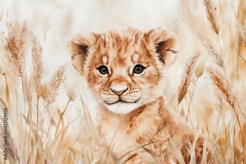 Cute watercolor lion cub with a neutral beige mane, surrounded by soft pampas grass