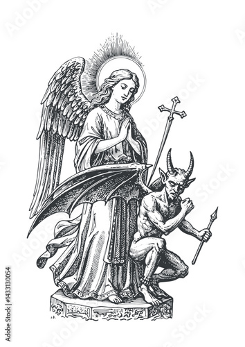 angel and demon sketch engraving vector illustration. hand drawn vector illustration