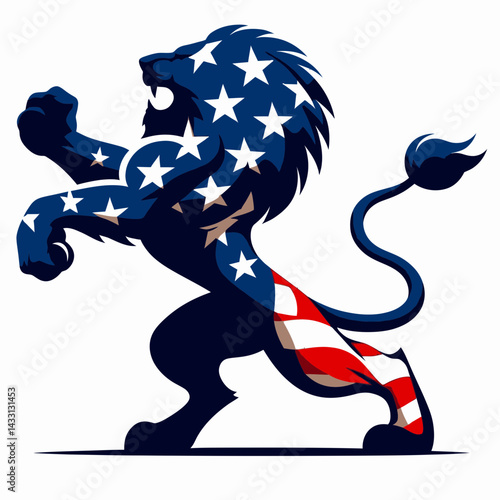 lion wear american flag Dancing Together. Funny Animal Vector Clip art. Kingly beast apparel displaying stars & stripes joyfully boogie in unison.