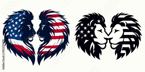 lion wear american flag Eyes Locked in Intimacy. Funny Animal Vector Clip art. Feline donning patriotic banner intense gaze joining closeness.