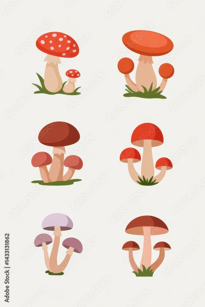 Colorful mushroom collection in various shades of red and purple. Colorful mushroom collection in various shades of red and purple.