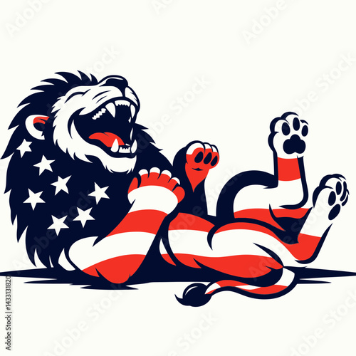 lion wear american flag lying down on back Laughing Together. Funny Animal Vector Clip art. Feline donning stars and stripes resting supine chortling jointly in merriment.