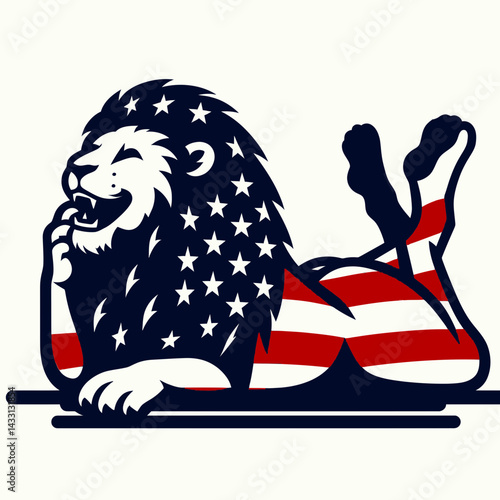 lion wear american flag lying down on stomach Laughing Together. Funny Animal Vector Clip art. Feline sporting stars and stripes prone jovial moment of gladness.