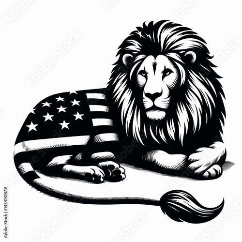 lion wear american flag Lying Down on stomach Together. Funny Animal Vector Clip art. Majestic feline adorning national banner prone united position a patriotic design.