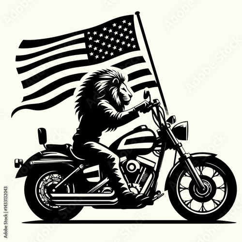 lion wear american flag ride a classic motorcycle. Funny Animal Vector Clip art. Feline donned stars and stripes astride vintage motorbike freedom journey.