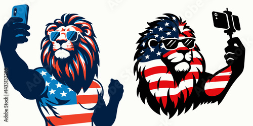 lion wear american flag Taking a selfie. Funny Animal Vector Clip art. Feline donning patriotic banner making self-portrait photograph icon.