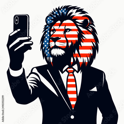 lion wear american flag Taking a selfie. Funny Animal Vector Clip art. Feline donning national banner capturing self portrait patriotic mammal pose.