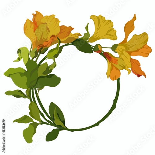 A vibrant, hand-drawn floral wreath. The illustration features a variety of colorful flowers and leaves, arranged in a circular composition with delicate, textured lines.