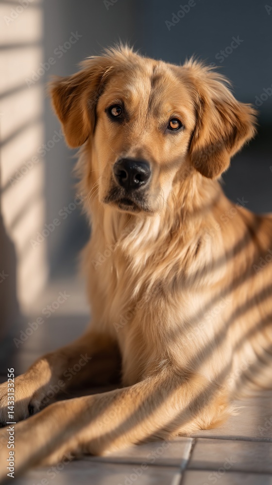 Fototapeta premium Golden Retriever resting outdoors, bathed in sunlight