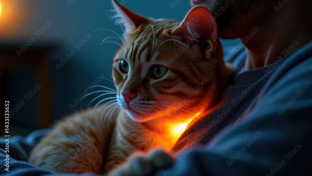 Man is holding a cat that is orange and has green eyes. The cat is sitting on the man's lap and he is enjoying the warmth of his body
