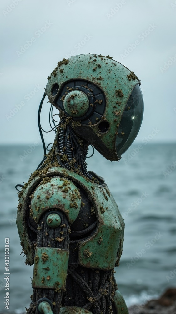 Robot with a green helmet and a green body is standing on a beach. The robot is covered in dirt and he is dirty and worn. The beach is calm