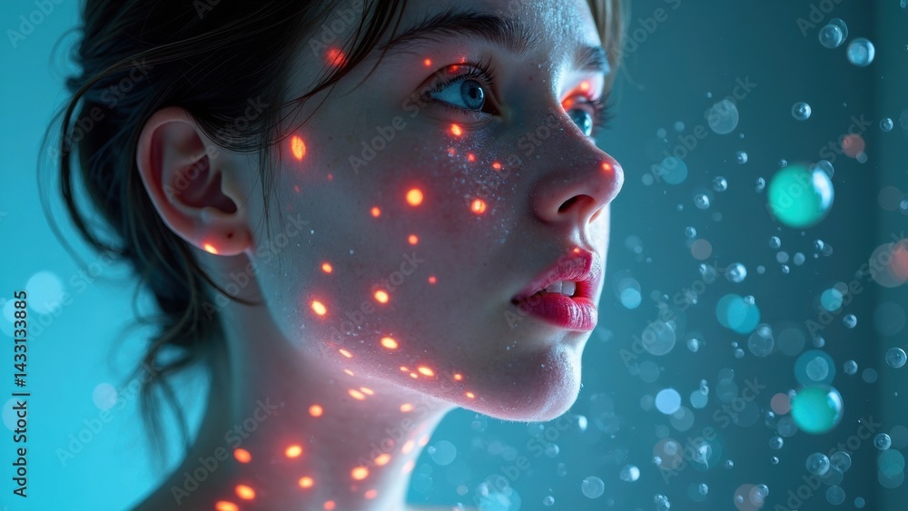 Woman with glowing eyes and a red lip. The image is of a woman with a glowing face