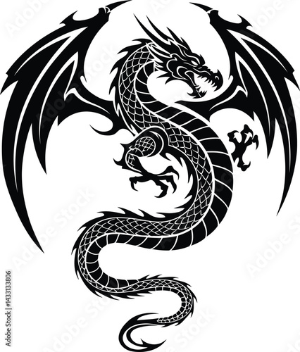 Dragon silhouette Illustration Vector Artwork wings spread.