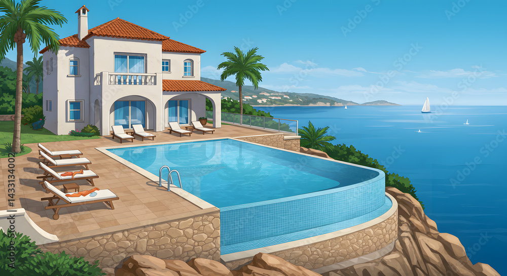 Fototapeta premium Mediterranean Villa: Infinity Pool, Coastal View, Sunny Day