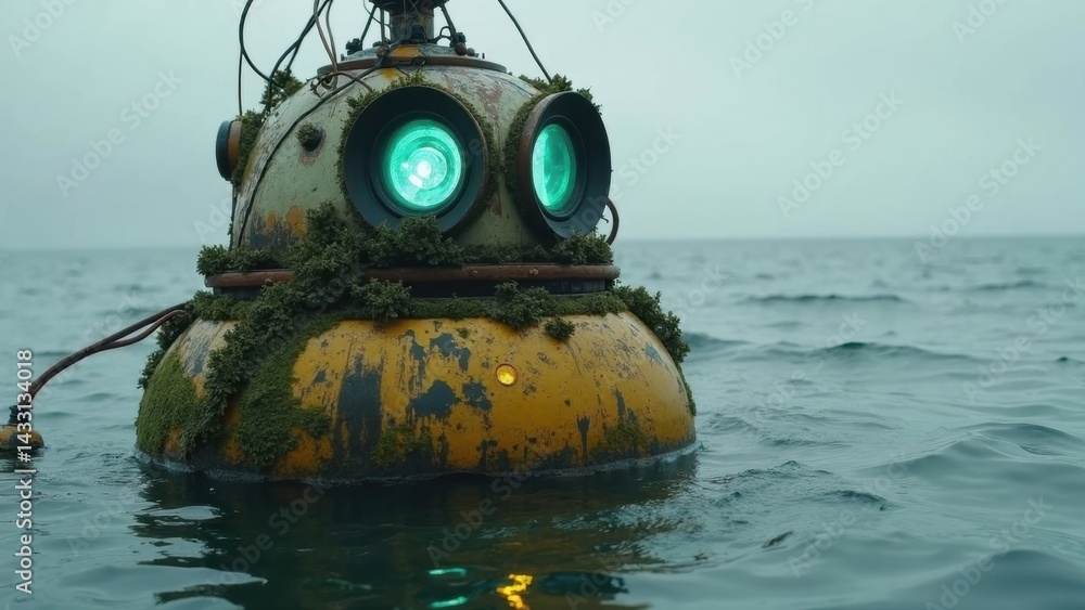 Robot is floating in the ocean with green eyes. The robot is covered in moss and he is abandoned