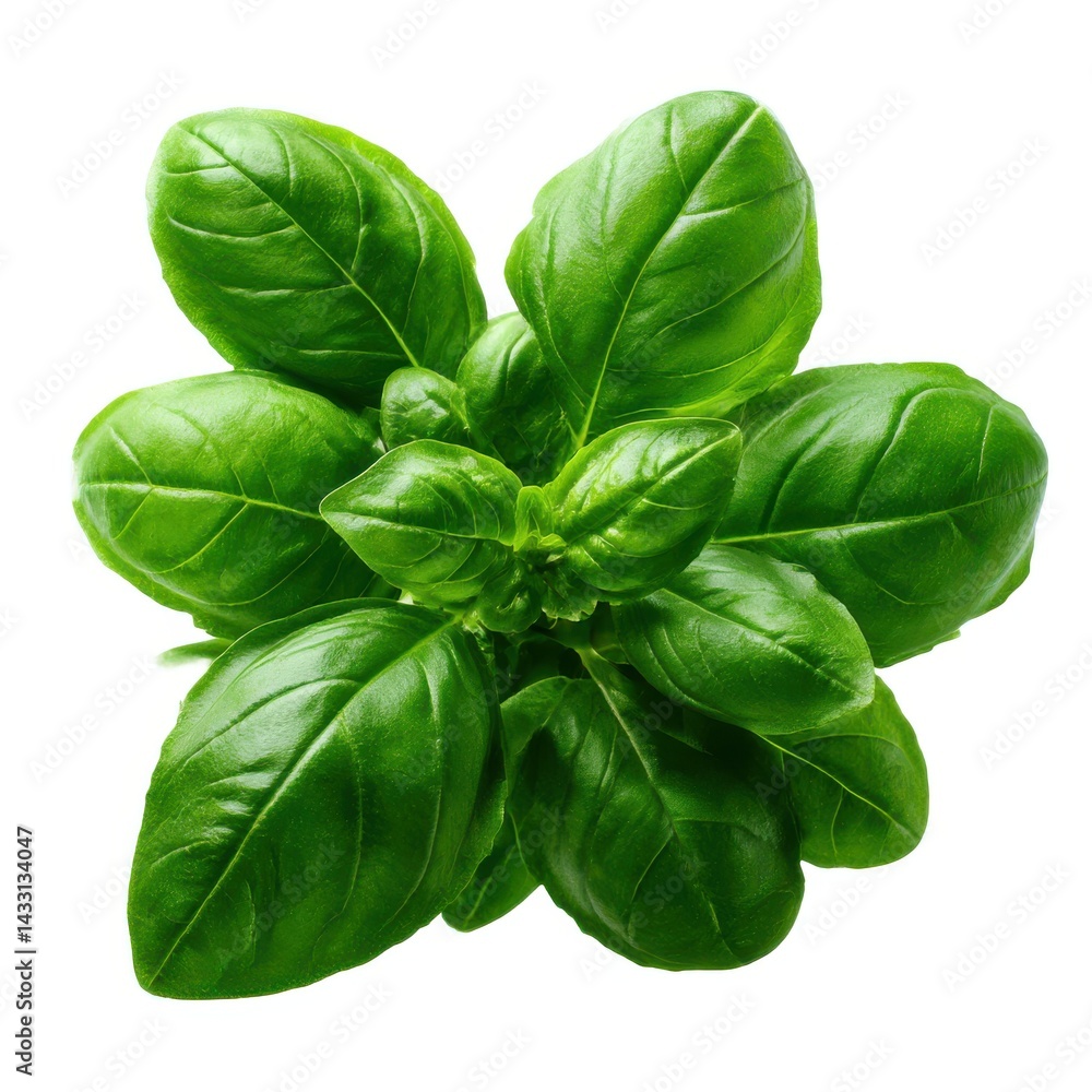 Fototapeta premium Fresh basil leaves close up shot on white background