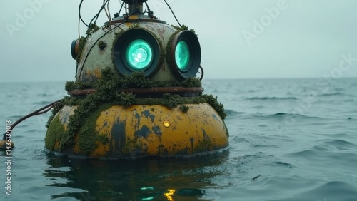 Obraz na płótnie Robot is floating in the ocean with green eyes. The robot is covered in moss and he is abandoned w salonie