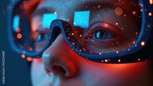 Obraz na płótnie Woman is wearing blue goggles that make her look like she is looking through a computer screen. The goggles have a glowing red background w salonie