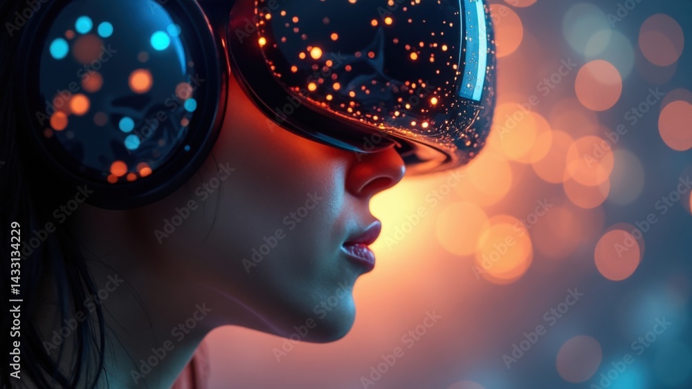 Woman wearing a virtual reality headset. The image is in a dark room with a bright light shining on her face