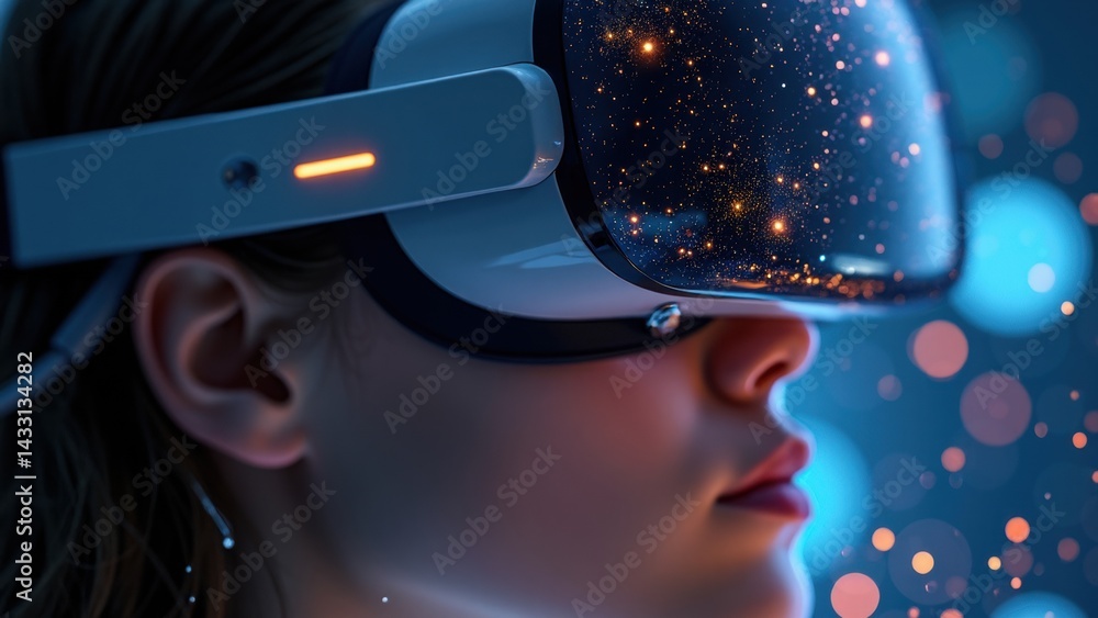 Woman is wearing a virtual reality headset and looking at a starry sky. The scene is set in a dark room with a blue background