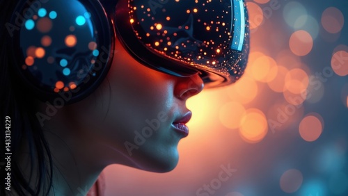 Obraz na płótnie Woman wearing a virtual reality headset. The image is in a dark room with a bright light shining on her face w salonie
