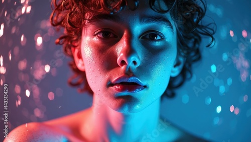 Young woman with red hair and blue eyes is standing in front of a blue background. She is wearing a blue shirt and has a blue lipstick on