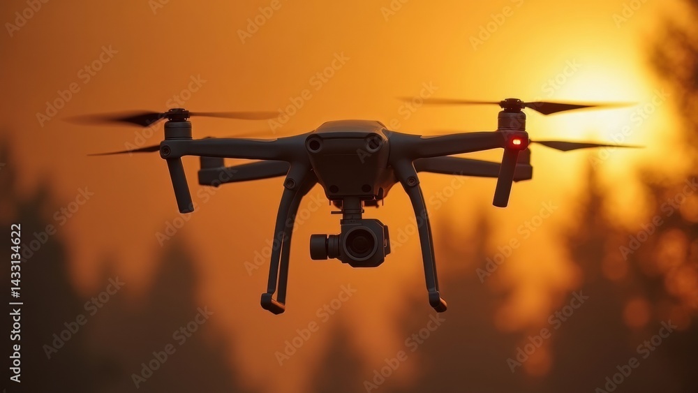 Drone is flying in the sky at sunset. The drone is black and white and has a red light on it. The sky is orange and the sun is setting