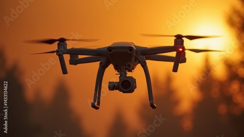 Obraz na płótnie Drone is flying in the sky at sunset. The drone is black and white and has a red light on it. The sky is orange and the sun is setting w salonie